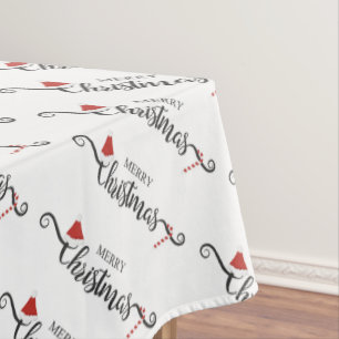 Merry Christmas Santa Hats and Candy Canes Tablecloth