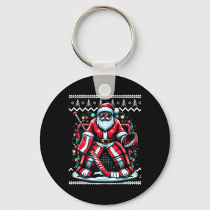 Merry Christmas Santa Hockey Goalie Ugly Christmas Key Ring