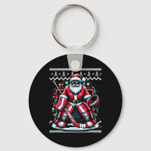 Merry Christmas Santa Hockey Goalie Ugly Christmas Key Ring