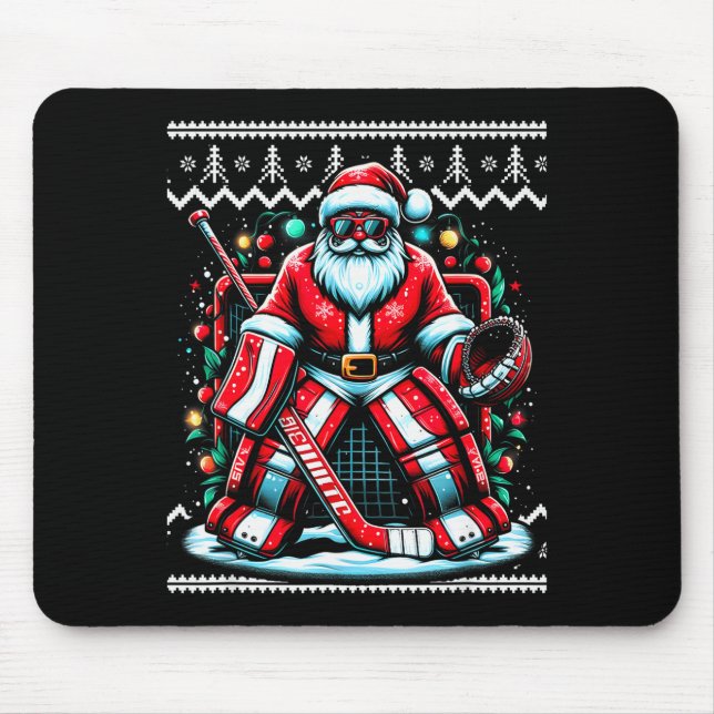 Merry Christmas Santa Hockey Goalie Ugly Christmas Mouse Pad (Front)