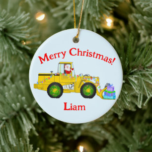 Merry Christmas Santa In Bulldozer Delivering Gift Ceramic Ornament