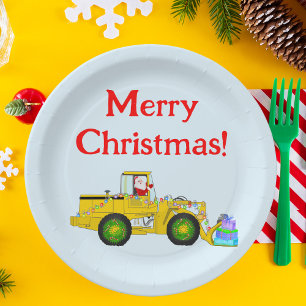 Merry Christmas Santa In Bulldozer Delivering Gift Paper Plate