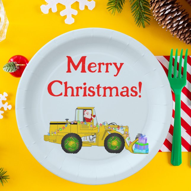 Merry Christmas Santa In Bulldozer Delivering Gift Paper Plate (Santa drives bulldozer: festive plates for construction-loving kids. Celebrate with style!)