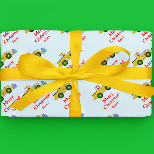 Merry Christmas Santa In Bulldozer Delivering Gift Wrapping Paper