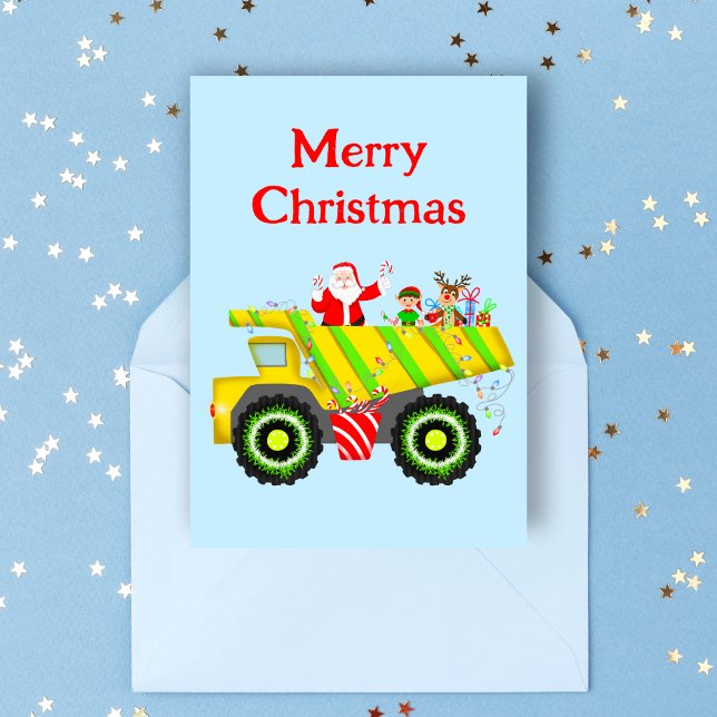 Merry Christmas Santa In Dump Elf, Reindeer Card (Cheerful dump truck scene: Santa, Elf & Rudolph spread holiday joy. Perfect for dump truck-loving.)