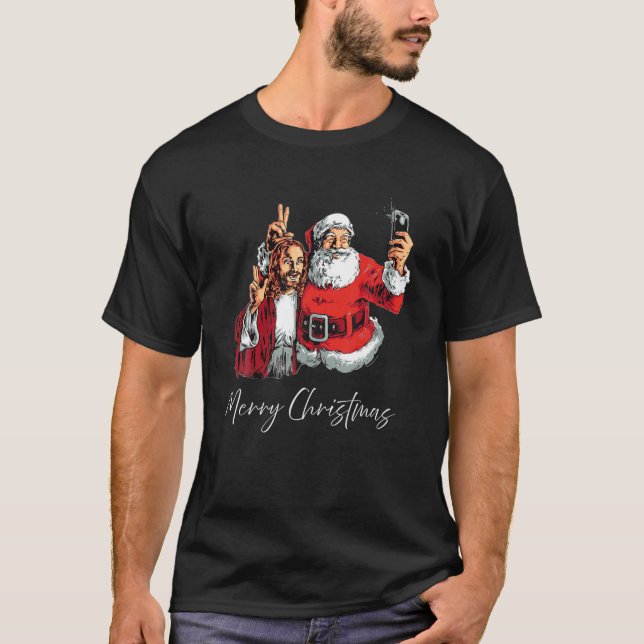 Merry Christmas Santa Jesus Selfie Funny Xmas Paja T-Shirt (Front)