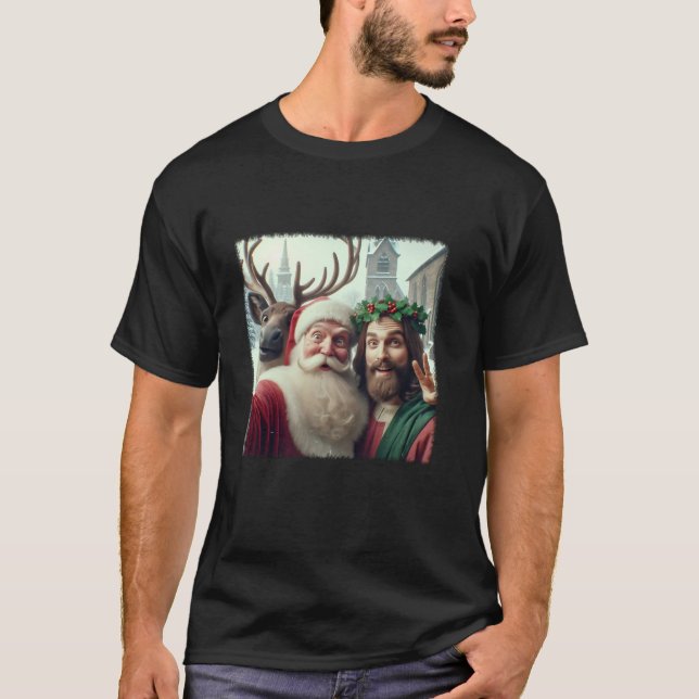 Merry Christmas Santa Jesus Selfie Funny Xmas Paja T-Shirt (Front)
