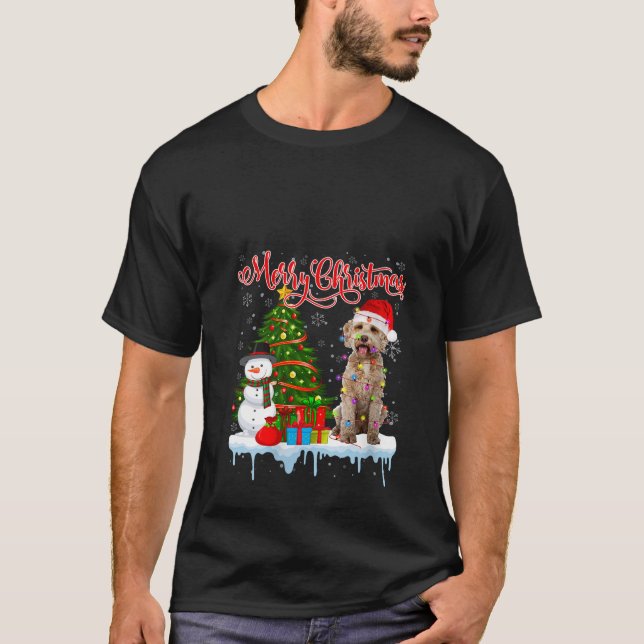 Merry Christmas Santa Labradoodle Light Xmas Tree  T-Shirt (Front)
