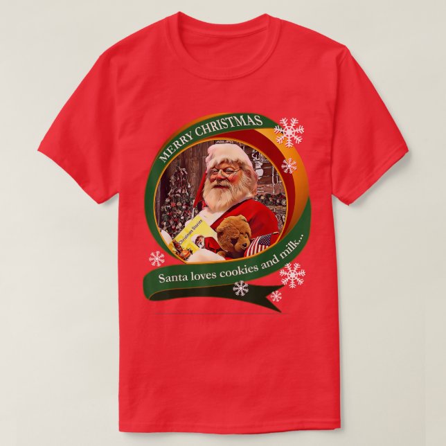 Merry Christmas Santa Loves Cookies and Milk Desig T-Shirt (Design Front)