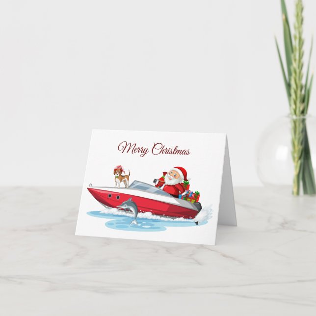 Merry Christmas Santa on the Boat with Dog  Card (Front)