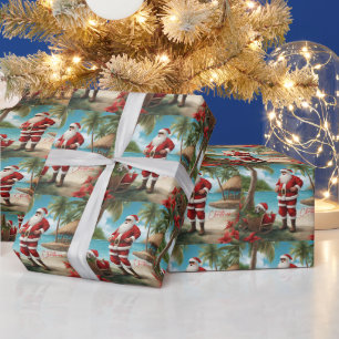Merry Christmas Santa on Tropical Island  Wrapping Paper