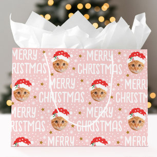 Merry Christmas Santa One Photo Cute Face Pink Large Gift Bag