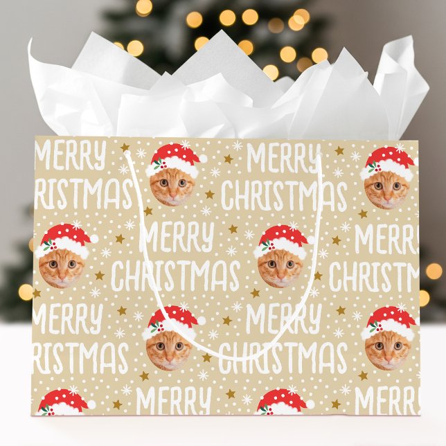 Merry Christmas Santa Photo Cute Face Beige Large Gift Bag (Creator Uploaded)