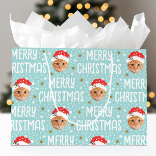 Merry Christmas Santa Photo Cute Face Blue Large Gift Bag