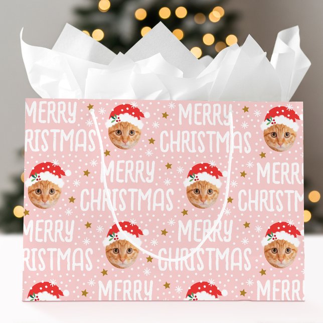 Merry Christmas Santa Photo Cute Face Pink Large Gift Bag (Creator Uploaded)