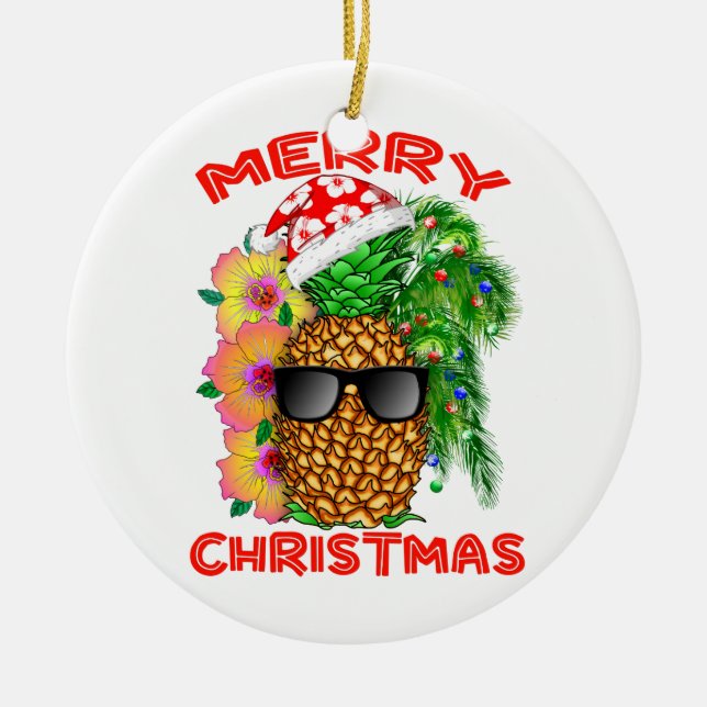 Merry Christmas Santa Pineapple Ceramic Ornament (Front)