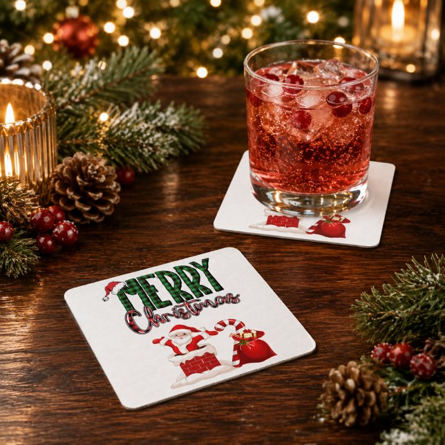 Merry Christmas Santa Plaid Square Paper Coaster (Creator Uploaded)