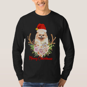 Merry Christmas Santa Pomeranian Watercolor Flower T-Shirt