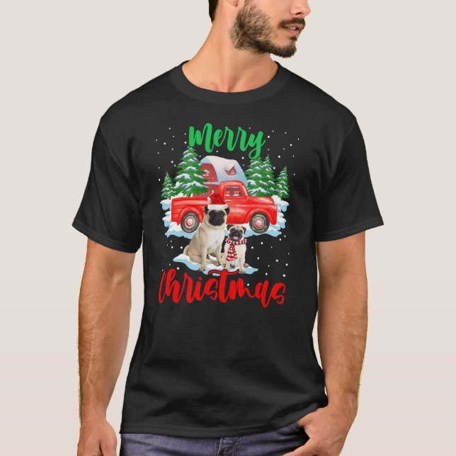 Merry Christmas Santa Pug And Truck Dog Gift T-Shirt (Front)