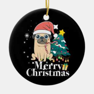 Merry Christmas Santa Pug Dog Christmas Tree Ceramic Ornament