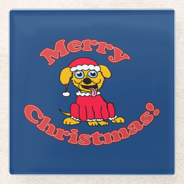 Merry Christmas Santa Pup Glass Coaster (Front)