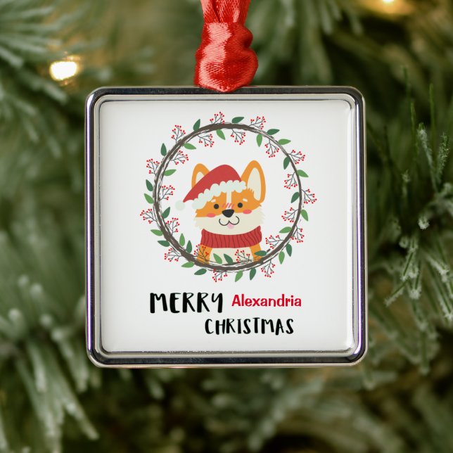  Merry Christmas Santa Puppy Personalise  Metal Ornament (Tree)