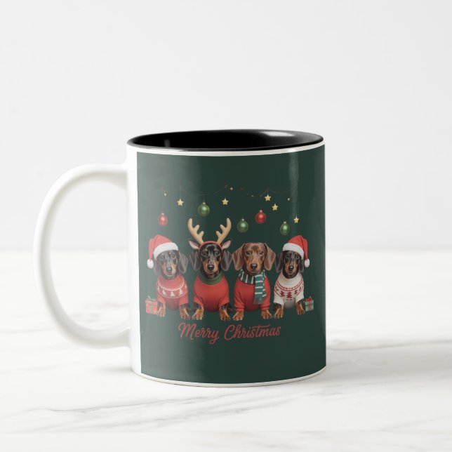 Merry Christmas Santa Reindeer Dachshund Weiner  Two-Tone Coffee Mug (Left)