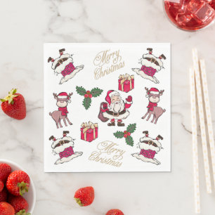 Merry Christmas Santa Reindeer Gifts Holly Napkin