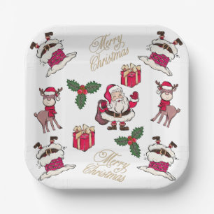 Merry Christmas Santa Reindeer Gifts Holly Paper Plate