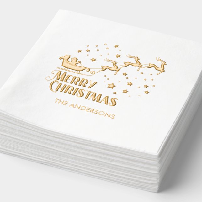 Merry Christmas Santa Reindeer Gold Foil Napkins (Detail)