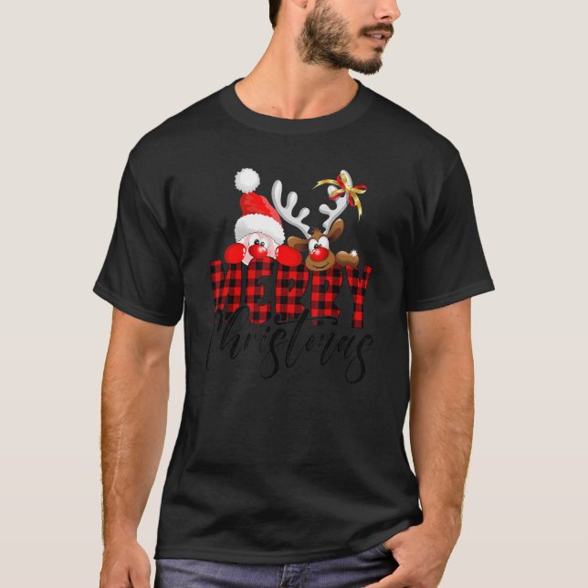 Merry Christmas Santa Reindeer Plaid Family Matchi T-Shirt (Front)