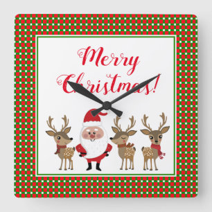 Merry Christmas Santa Reindeer Red Green Plaid Square Wall Clock