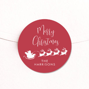 Merry Christmas Santa Reindeer Sleigh Red Classic Round Sticker