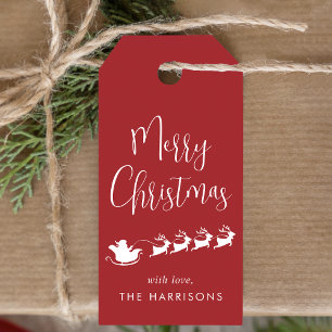 Merry Christmas Santa Reindeer Sleigh Red Gift Tags