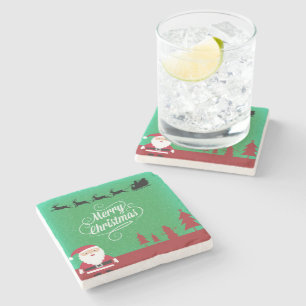 Merry Christmas Santa Reindeer Snowflakes Green Stone Coaster