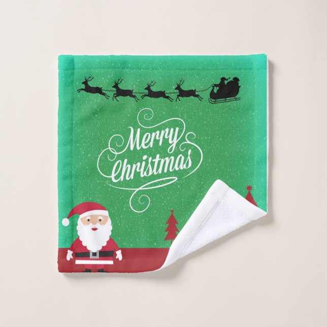 Merry Christmas Santa Reindeer Snowflakes Green  Wash Cloth (Wash Cloth)