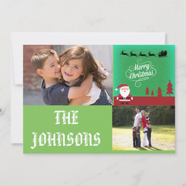 Merry Christmas Santa Reindeers Red Snowman Trees Holiday Card (Front)