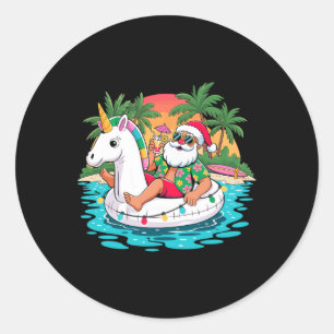 Merry Christmas Santa Relaxing On Float Unicorn Ha Classic Round Sticker