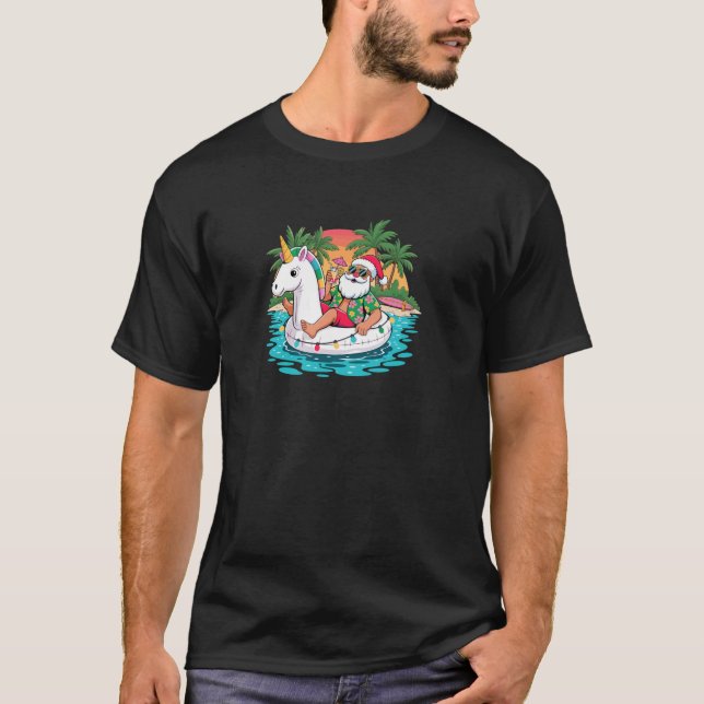 Merry Christmas Santa Relaxing On Float Unicorn Ha T-Shirt (Front)
