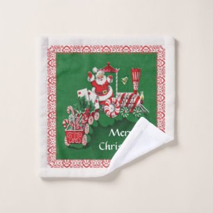 Merry Christmas Santa Riding Candy Train Green Red Wash Cloth