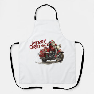 Merry Christmas Santa Riding on a vintage motorcyc Apron