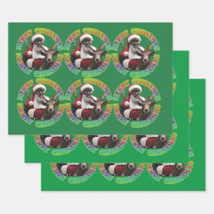 Merry Christmas Santa Riding Reindeer Red Green Wrapping Paper Sheet