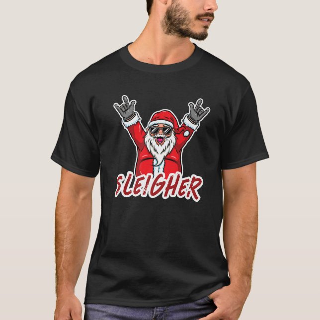 Merry Christmas Santa Rock On Sleigher Funny Xmas  T-Shirt (Front)