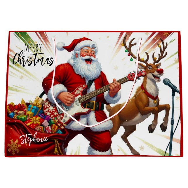 Merry Christmas Santa Rudolf Playing Guitar Large Gift Bag (Front)