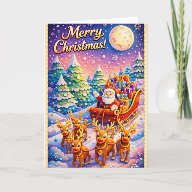Merry Christmas Santa Sleigh and Reindeer Winter Card (Front)