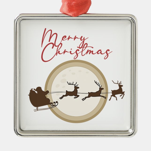 Merry Christmas Santa Sleigh Deer Metal Ornament (Front)
