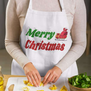 Merry Christmas Santa Sleigh red green typography Long Apron