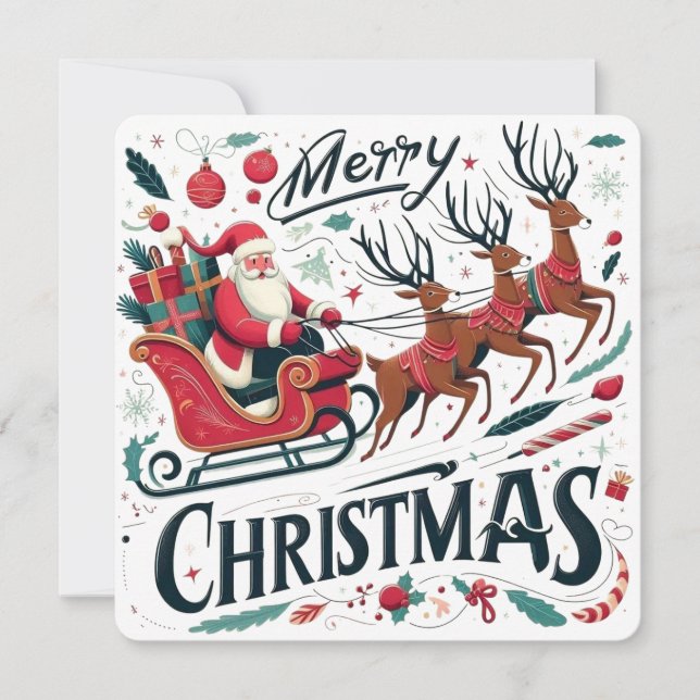 Merry Christmas Santa Sleigh & Reindeer Festive Invitation (Front)