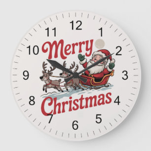 Merry Christmas Santa Sleigh Reindeer Large Clock