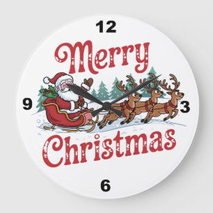 Merry Christmas Santa Sleigh Reindeer       Large Clock